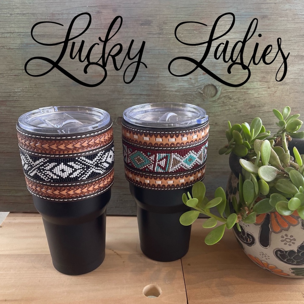 30oz Insulated Western Stamped & Beaded Leather Sleeve Tumblers Handmade
